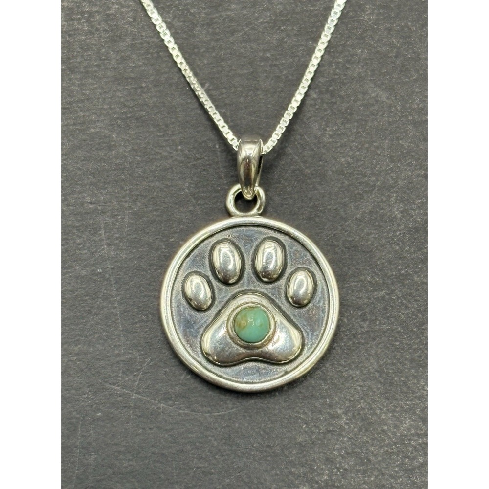 New Condition Sterling Silver Turquoise Paw Print Pendant Necklace 925 H20